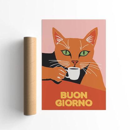 Buon Giorno Coffee Cat Poster