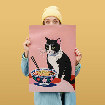 Pink Ramen Print With Black And White Cat