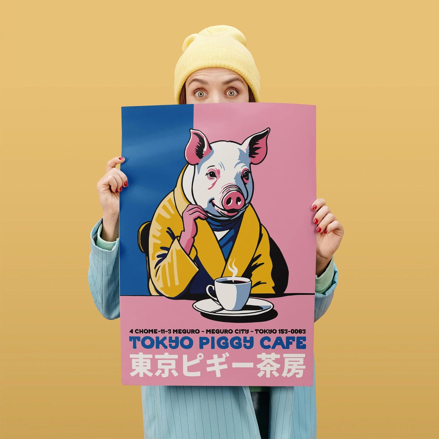 Japanese Cafe Poster  - Pig Drinking Coffee