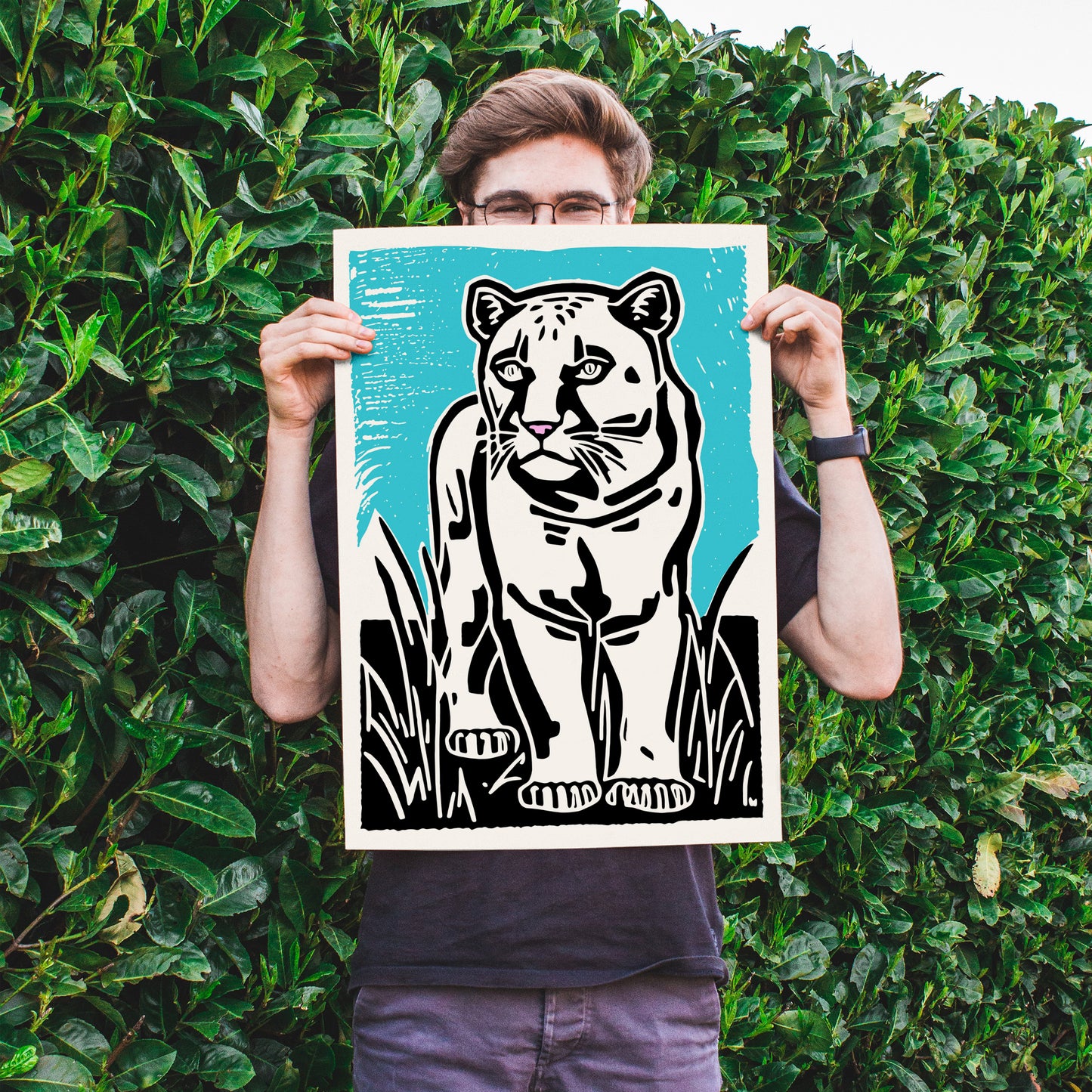 White Panther Linocut Art Poster