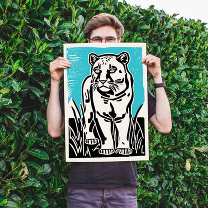 White Panther Linocut Art Poster