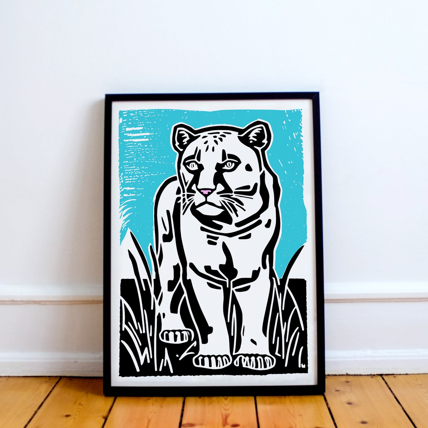 White Panther Linocut Art Poster