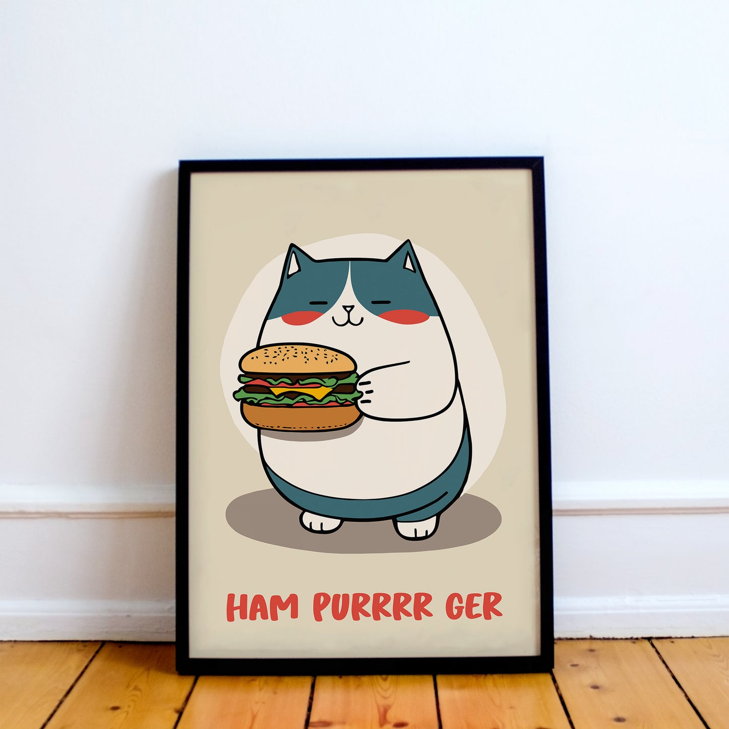 Funny Cartoon Cat with Hamburger Art Print