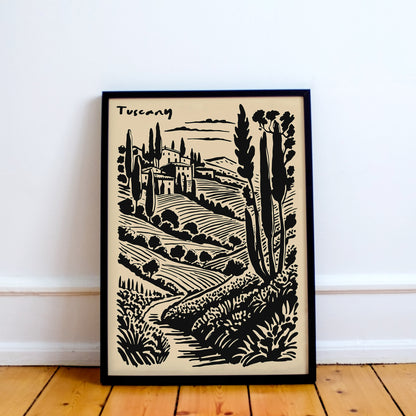 Tuscany Scenic Black Ink Style Print