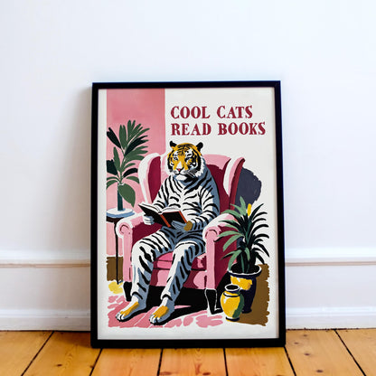 Cool Cats Read Books Tiger Art Print