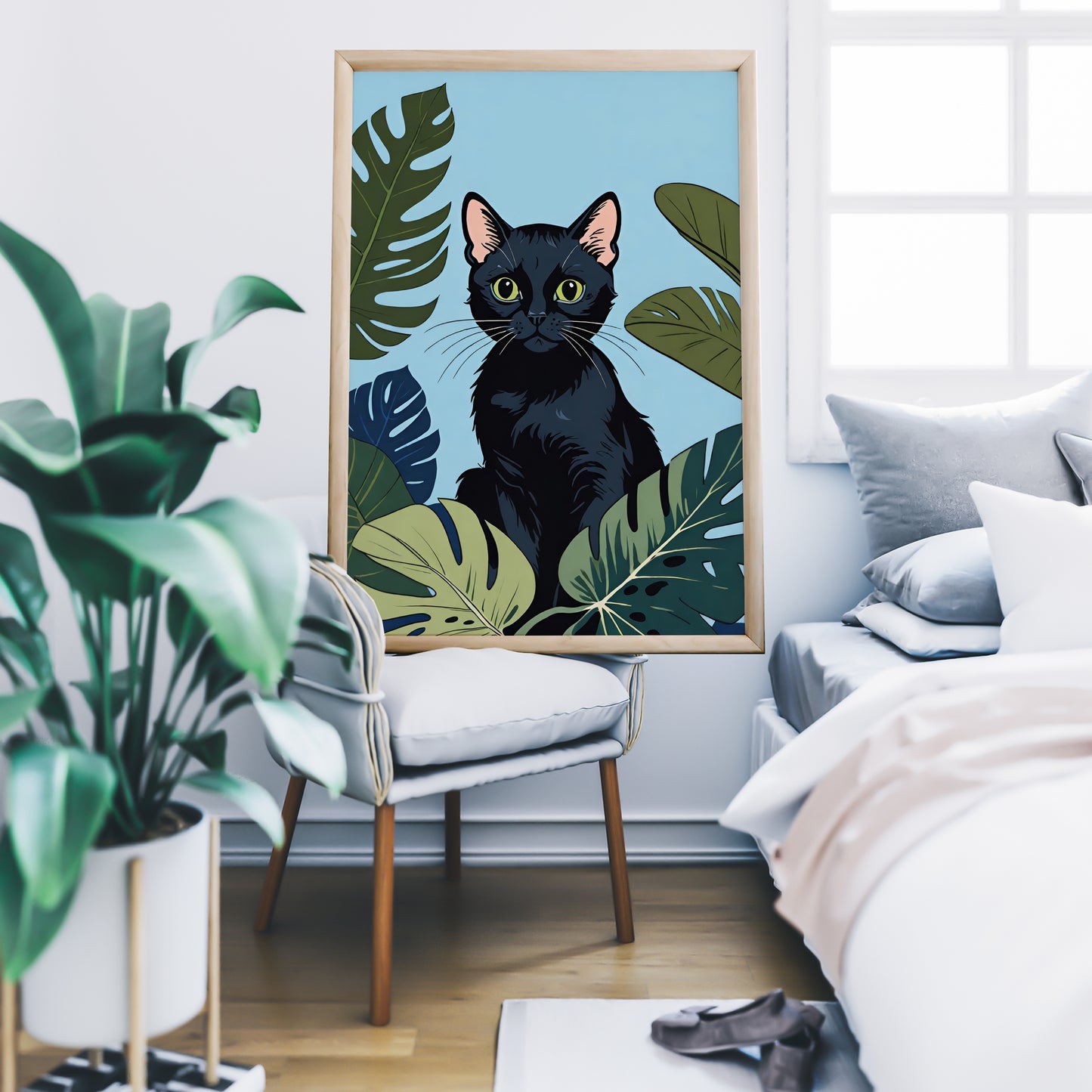 Cute Cat and Monstera Leaves Print