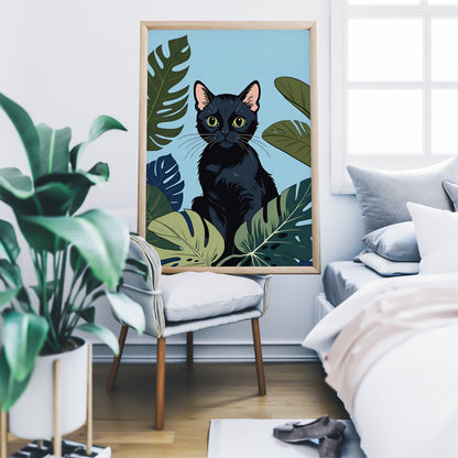 Cute Cat and Monstera Leaves Print