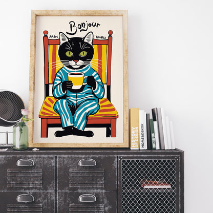 Bonjour Cat Coffee Print Kitchen