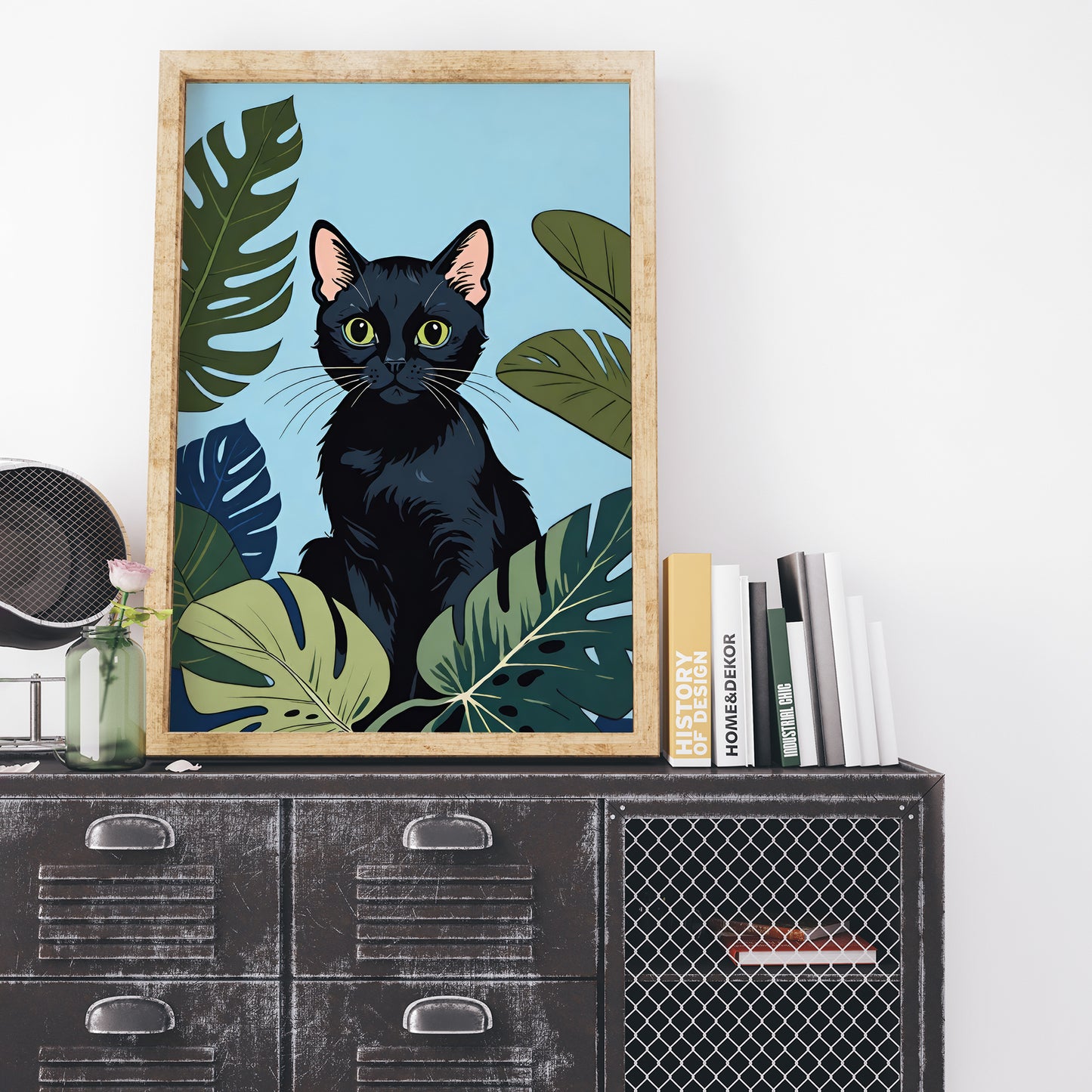 Cute Cat and Monstera Leaves Print