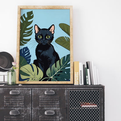 Cute Cat and Monstera Leaves Print