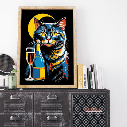 Moonlight Wine Retro Cat Poster