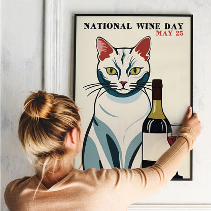 National Wine Day Vintage Cat Poster