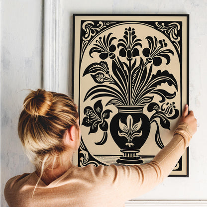 Black Flowers in Vase Poster – Elegant Rococo Wall Art Decor