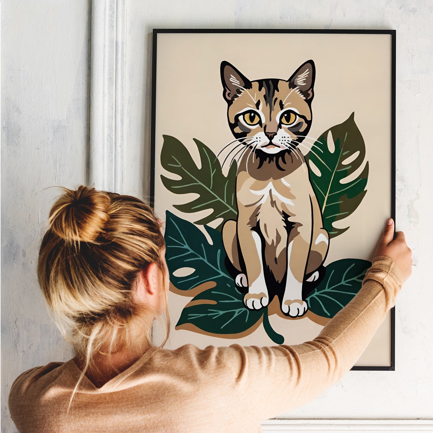 Cat and Leaves Art Print