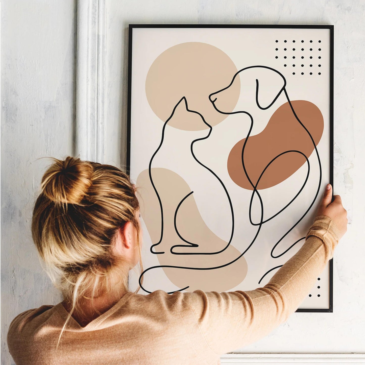 Pet Line Art Print – Cat and Dog Friendship Wall Decor
