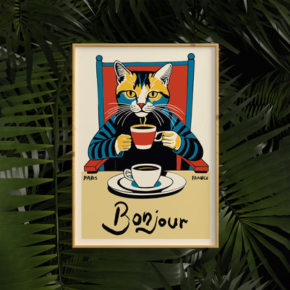Bonjour Cat Coffee Wall Art Kitchen