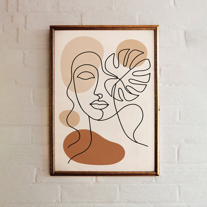 Line Art Woman Face and Monstera Leaf Poster