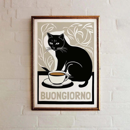 Buongiorno Cat Coffee Poster Print