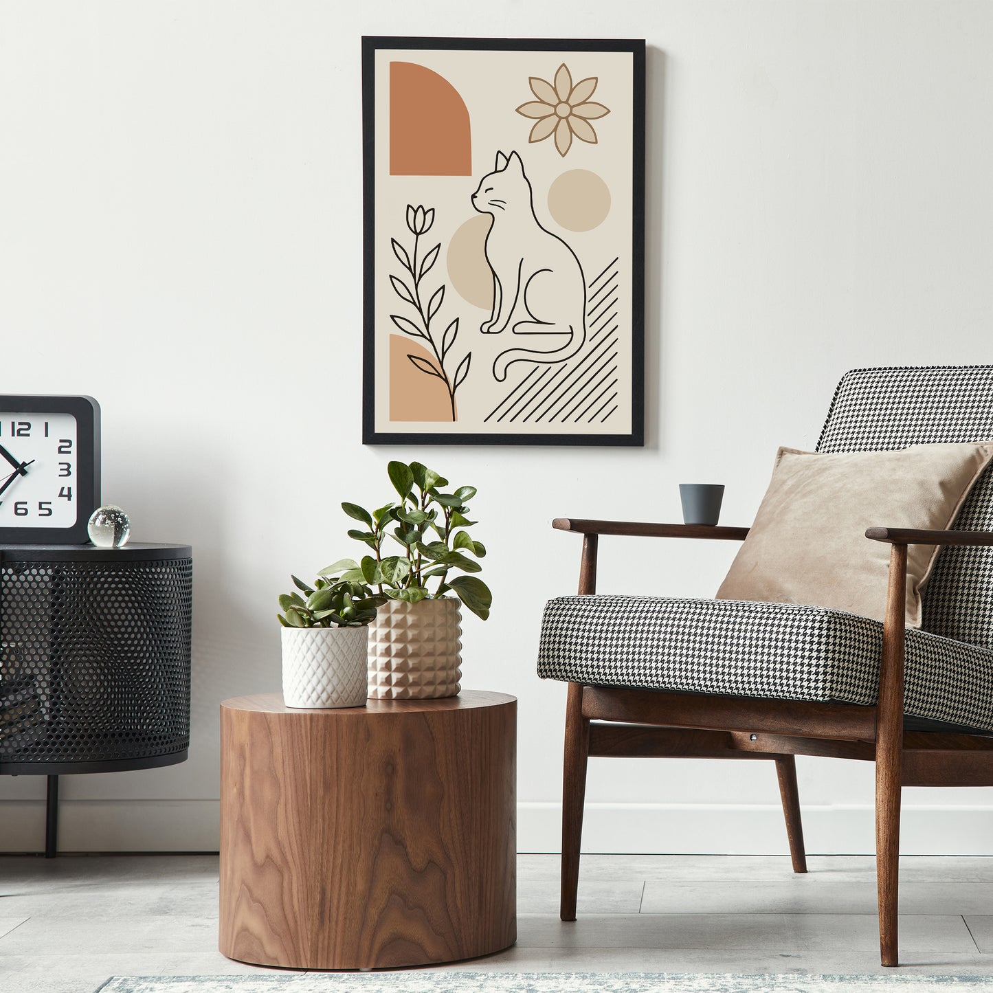 Minimalist Line Art Cat & Flowers Poster – Neutral Beige Decor