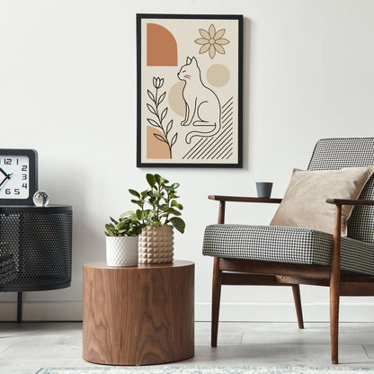 Minimalist Line Art Cat & Flowers Poster – Neutral Beige Decor