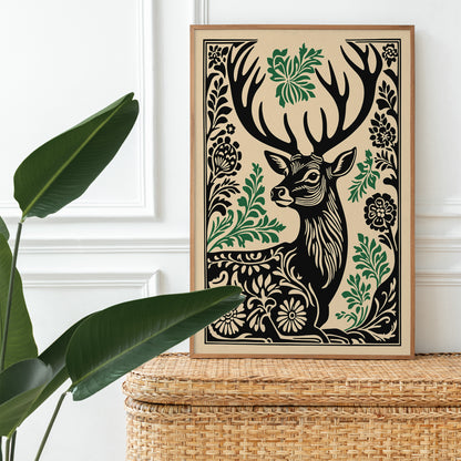 Rustic Linocut Style Deer Poster