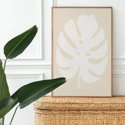 White Monstera Leaf Art Print – Minimal Botanical Wall Decor