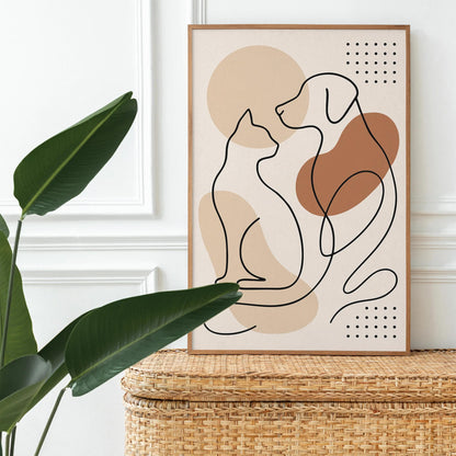 Pet Line Art Print – Cat and Dog Friendship Wall Decor