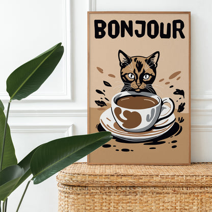 Bonjour Coffee Cat Poster