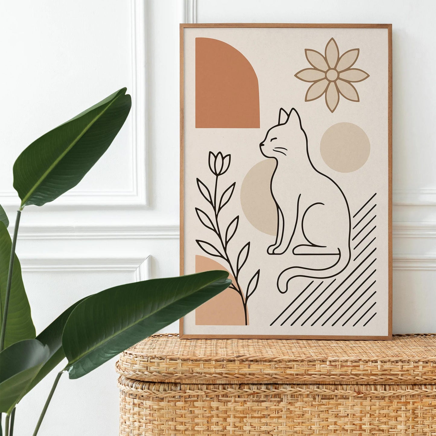 Minimalist Line Art Cat & Flowers Poster – Neutral Beige Decor