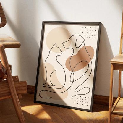 Pet Line Art Print – Cat and Dog Friendship Wall Decor