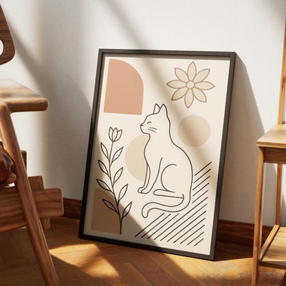 Minimalist Line Art Cat & Flowers Poster – Neutral Beige Decor