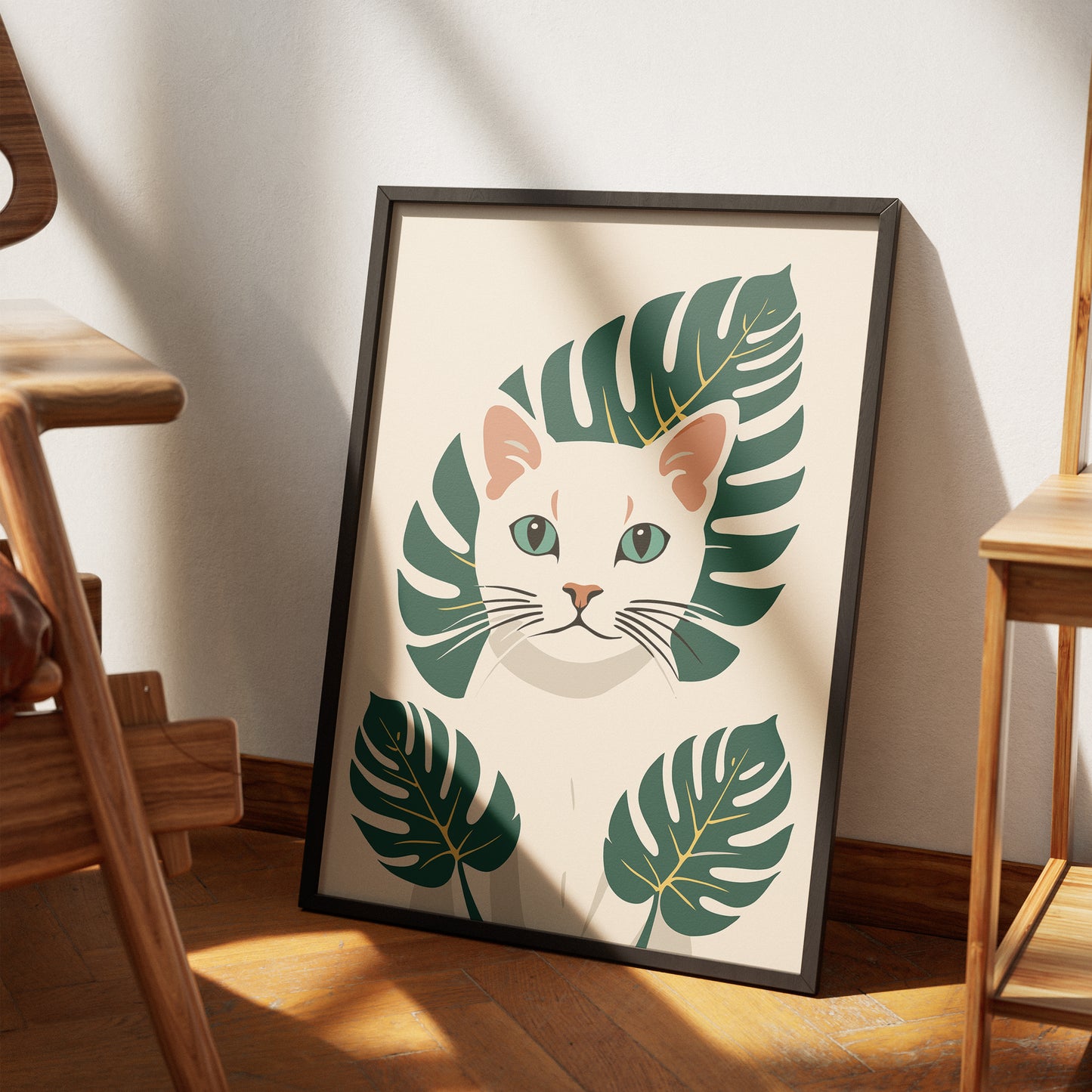 White Kitten - Monstera Leaves Art Print
