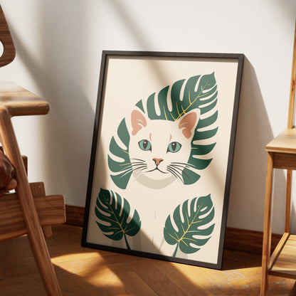 White Kitten - Monstera Leaves Art Print