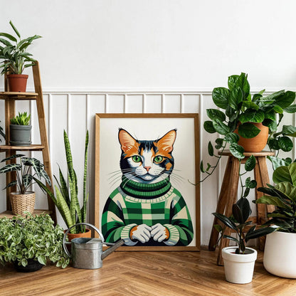 Cat in Green Sweater Print