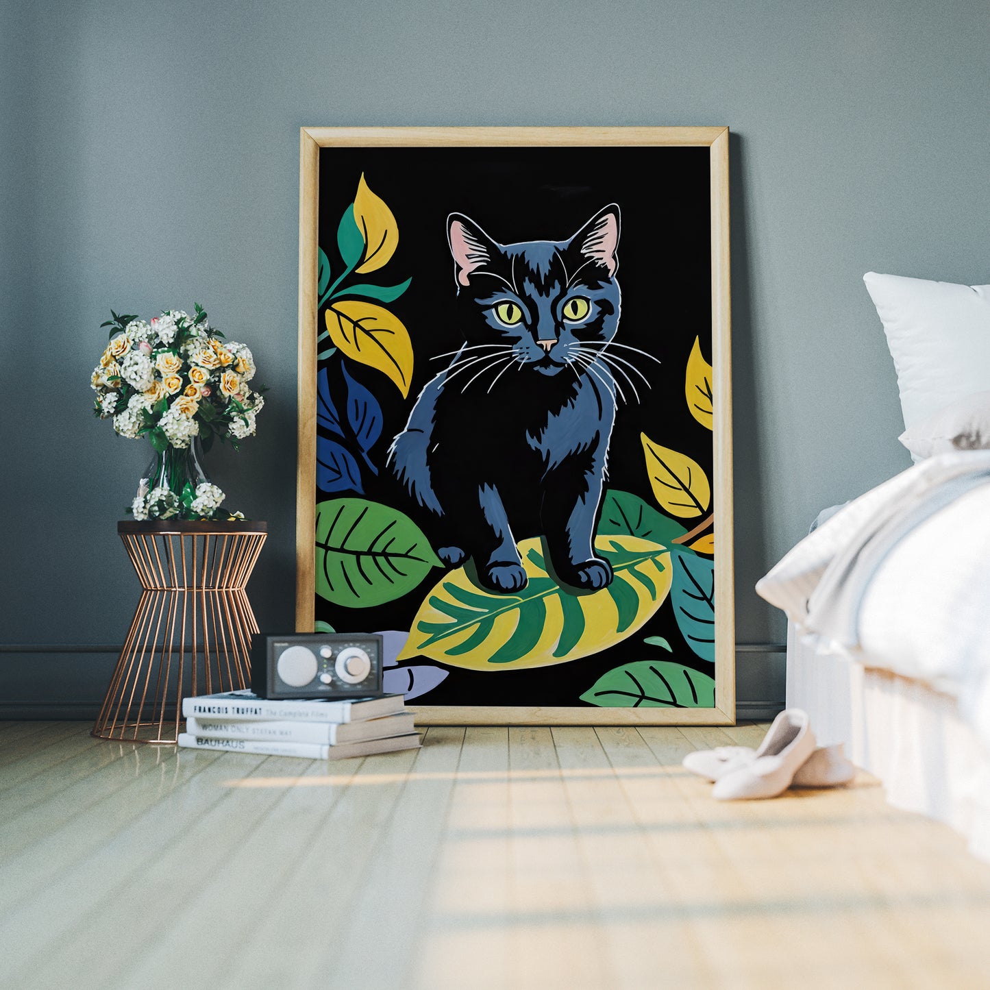 Black Cat in Leaves Wall Art Print
