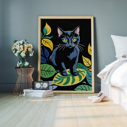 Black Cat in Leaves Wall Art Print