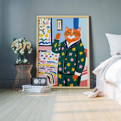 Floral Pajama Cat Wall Art Print