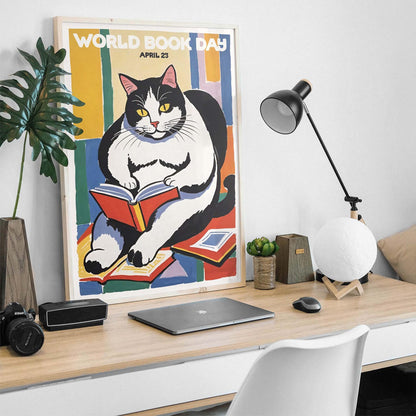 Cat Reading for World Book Day Poster