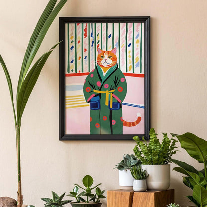 Whimsical Cat in Bathrobe Wall Art