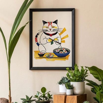 Cat Eating Sushi Japanese Print