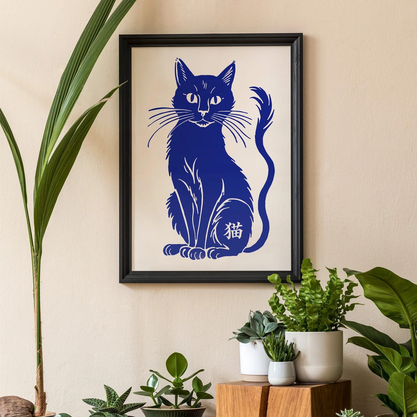 Blue Cat Poster with "猫" (Neko - Cat)