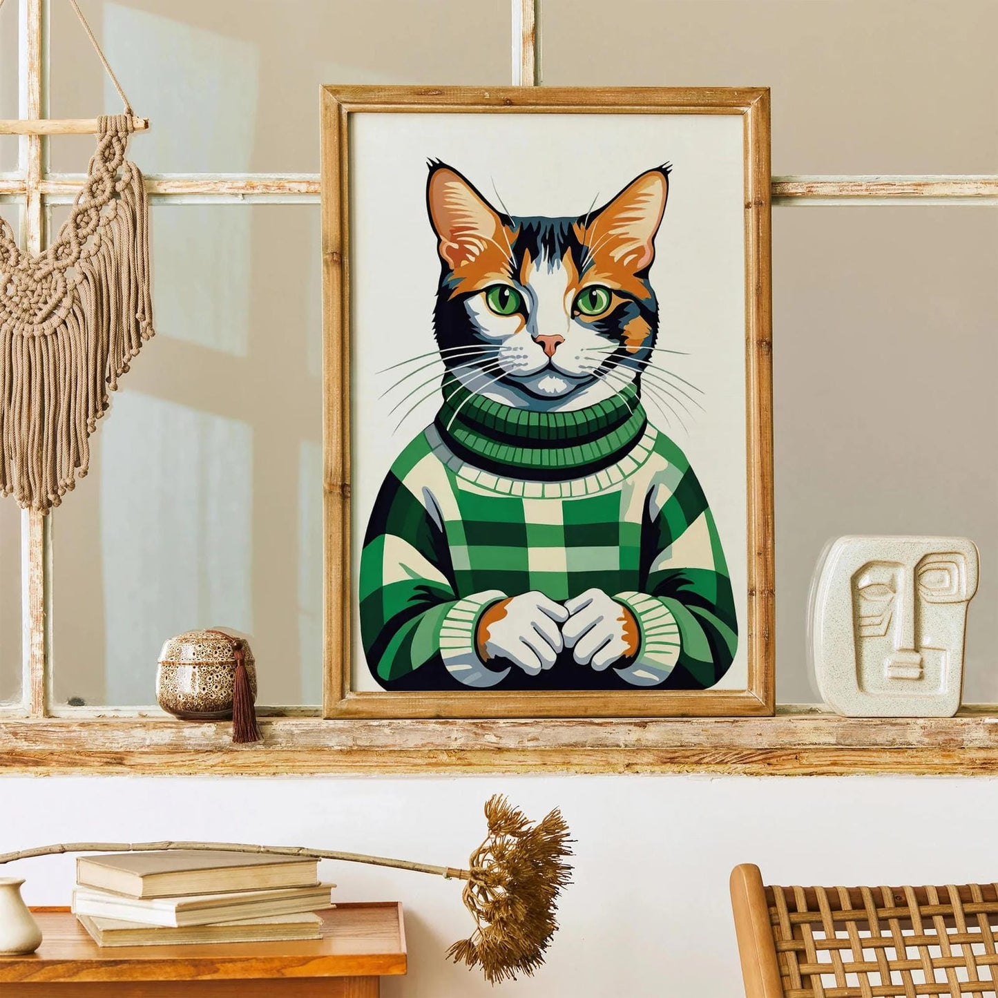 Cat in Green Sweater Print