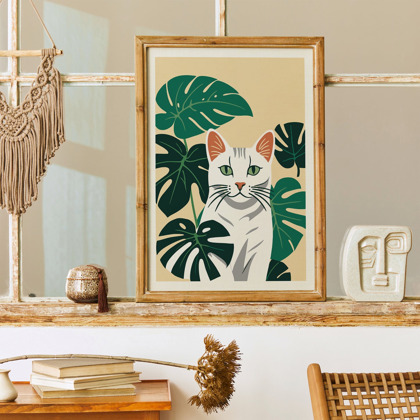 Cat and Leaves Art Print