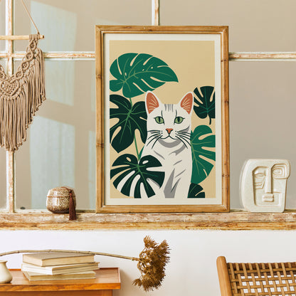 Cat and Leaves Art Print