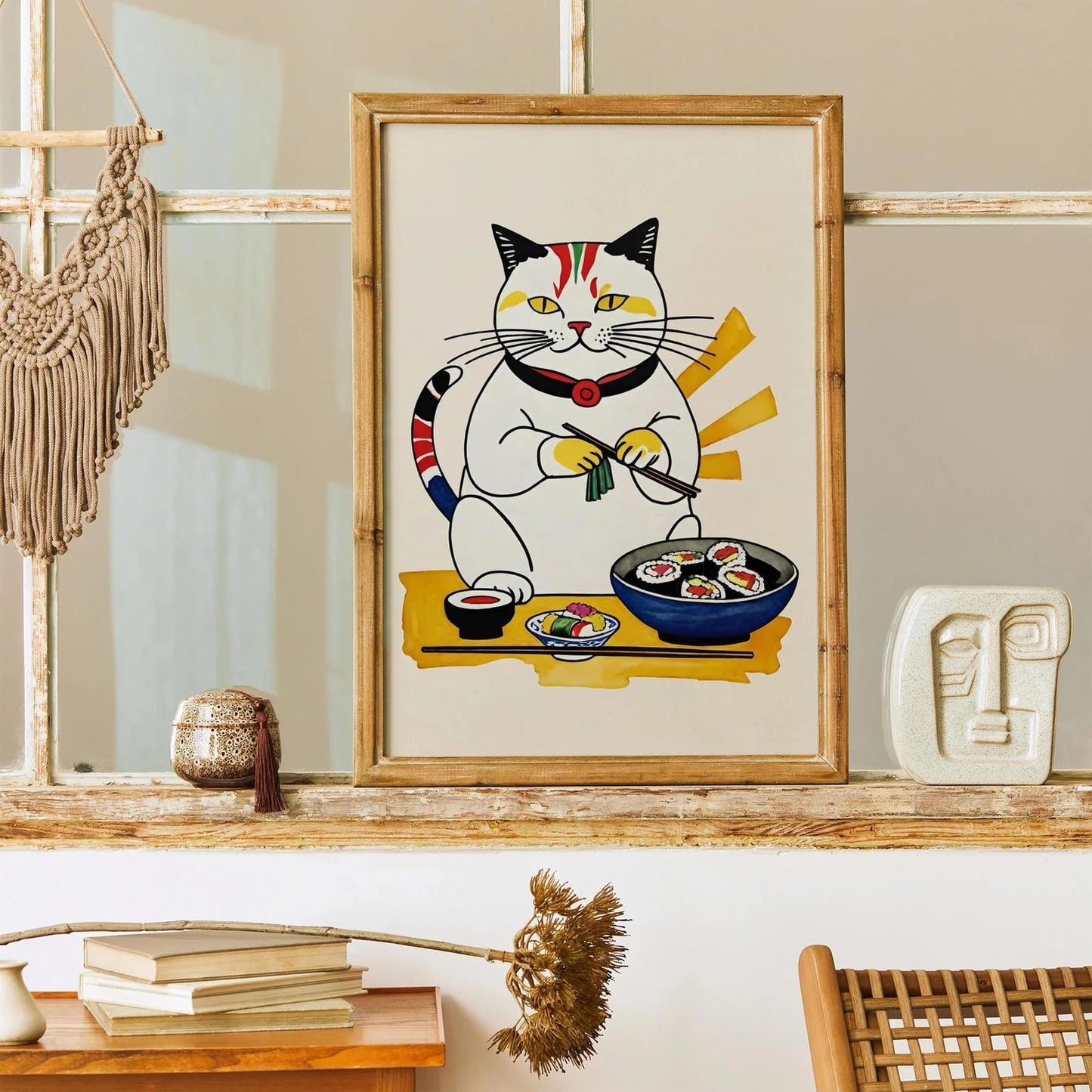 Cat Eating Sushi Japanese Print