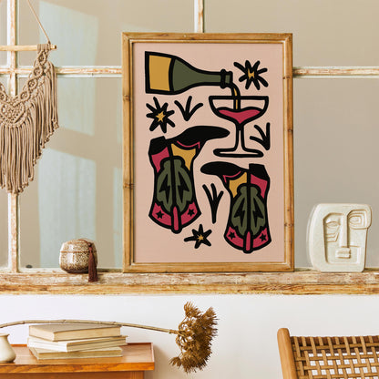 Wine Boots Party Poster - Retro Kitchen Wall Art