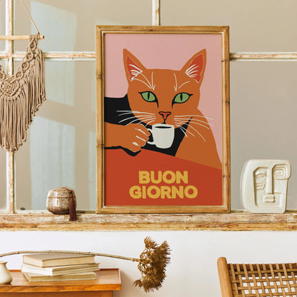 Buon Giorno Coffee Cat Poster