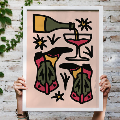 Wine Boots Party Poster - Retro Kitchen Wall Art