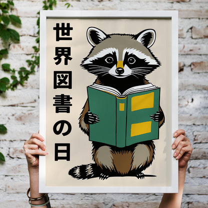Reading Raccoon Library Wall Print