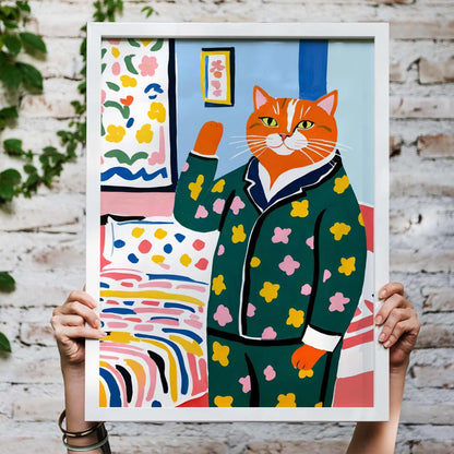 Floral Pajama Cat Wall Art Print